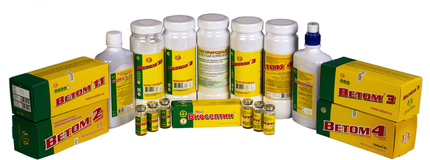 Veterinary probiotics - Vetom 1.1, Vetom 2, Vetom 3, Vetom 4, Veles 6.59. Bioseptin ointment for animals and poultry. Chalk natural for animals and poultry